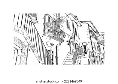 Building view with landmark of Pescasseroli is the 
town in Italy.
Hand drawn sketch illustration in vector.