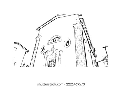 Building view with landmark of Pescasseroli is the 
town in Italy.
Hand drawn sketch illustration in vector.