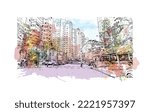 Building view with landmark of Petah Tikva is the 
city in Israel. Watercolor splash with hand drawn sketch illustration in vector.