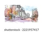 Building view with landmark of Petah Tikva is the 
city in Israel. Watercolor splash with hand drawn sketch illustration in vector.