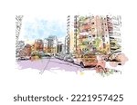 Building view with landmark of Petah Tikva is the 
city in Israel. Watercolor splash with hand drawn sketch illustration in vector.