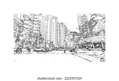 Building view with landmark of Petah Tikva is the 
city in Israel. Hand drawn sketch illustration in vector.