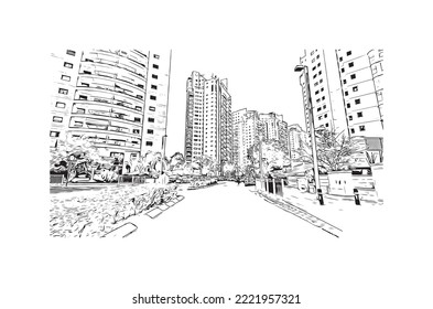 Building view with landmark of Petah Tikva is the 
city in Israel. Hand drawn sketch illustration in vector.