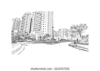 Building view with landmark of Petah Tikva is the 
city in Israel. Hand drawn sketch illustration in vector.