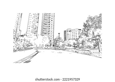 Building view with landmark of Petah Tikva is the 
city in Israel. Hand drawn sketch illustration in vector.