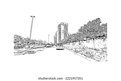 Building view with landmark of Petah Tikva is the 
city in Israel. Hand drawn sketch illustration in vector.