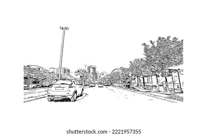 Building view with landmark of Petah Tikva is the 
city in Israel. Hand drawn sketch illustration in vector.