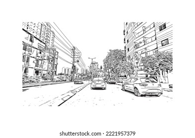 Building view with landmark of Petah Tikva is the 
city in Israel. Hand drawn sketch illustration in vector.