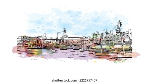 Building view with landmark of Petah Tikva is the 
city in Israel. Watercolor splash with hand drawn sketch illustration in vector.