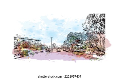 Building view with landmark of Petah Tikva is the 
city in Israel. Watercolor splash with hand drawn sketch illustration in vector.