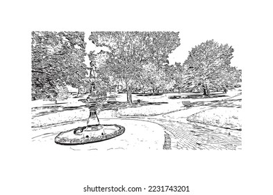Building view with landmark of Peterborough is a city in eastern England. Hand drawn sketch illustration in vector.