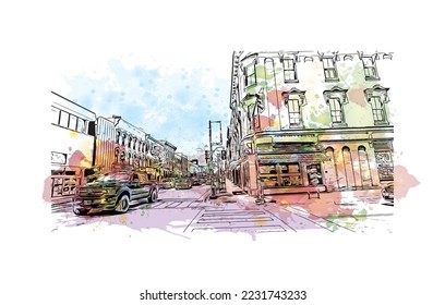 Building view with landmark of Peterborough is a city in eastern England. Watercolor splash with hand drawn sketch illustration in vector.