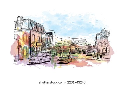 Building view with landmark of Peterborough is a city in eastern England. Watercolor splash with hand drawn sketch illustration in vector.