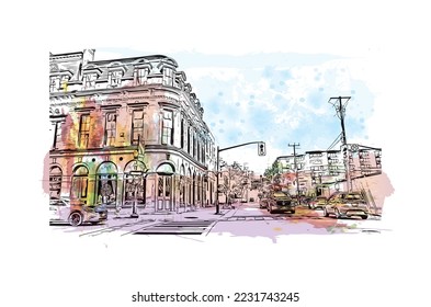 Building view with landmark of Peterborough is a city in eastern England. Watercolor splash with hand drawn sketch illustration in vector.