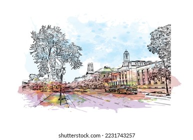Building view with landmark of Peterborough is a city in eastern England. Watercolor splash with hand drawn sketch illustration in vector.