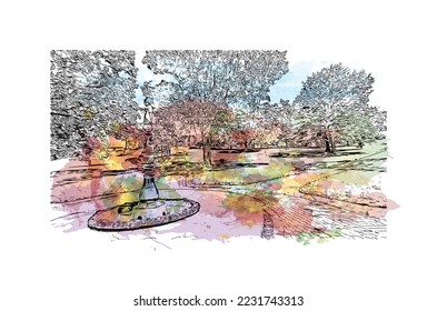 Building view with landmark of Peterborough is a city in eastern England. Watercolor splash with hand drawn sketch illustration in vector.