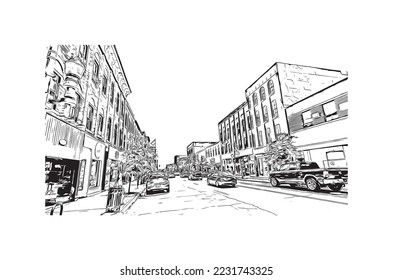 Building view with landmark of Peterborough is a city in eastern England. Hand drawn sketch illustration in vector.