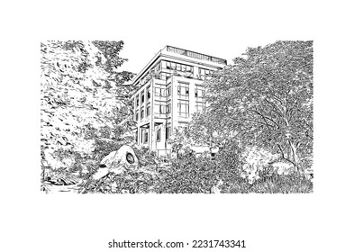 Building view with landmark of Peterborough is a city in eastern England. Hand drawn sketch illustration in vector.