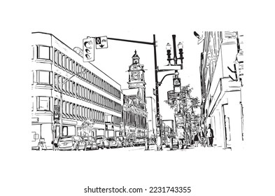 Building view with landmark of Peterborough is a city in eastern England. Hand drawn sketch illustration in vector.