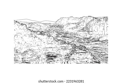 Building view with landmark of Petra is the historical place in Jordan. Hand drawn sketch illustration in vector.