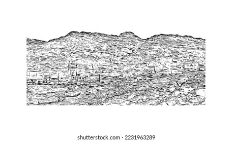 Building view with landmark of Petra is the historical place in Jordan. Hand drawn sketch illustration in vector.