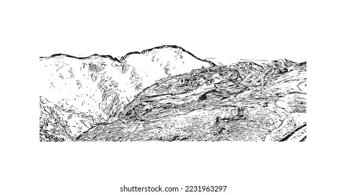 Building view with landmark of Petra is the historical place in Jordan. Hand drawn sketch illustration in vector.