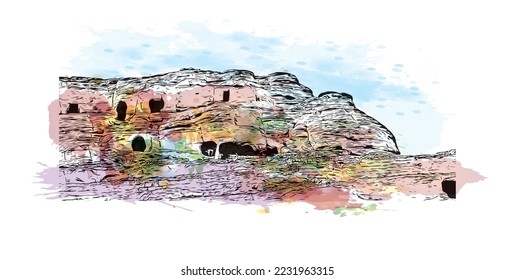 Building view with landmark of Petra is the historical place in Jordan. Watercolor splash with hand drawn sketch illustration in vector.