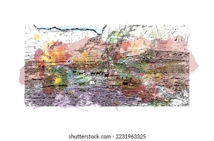 Building view with landmark of Petra is the historical place in Jordan. Watercolor splash with hand drawn sketch illustration in vector.