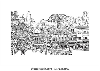 Building view with landmark of Petropolis also known as The Imperial City, is a municipality in the Southeast Region of Brazil.  Hand drawn sketch illustration in vector.