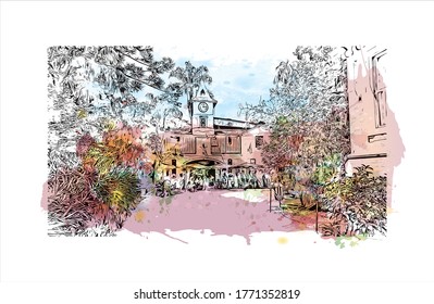 Building view with landmark of Petropolis also known as The Imperial City, is a municipality in the Southeast Region of Brazil. Watercolor splash  hand drawn sketch illustration in vector.