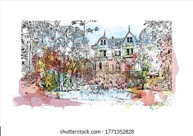 Building view with landmark of Petropolis also known as The Imperial City, is a municipality in the Southeast Region of Brazil. Watercolor splash  hand drawn sketch illustration in vector.