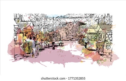 Building view with landmark of Petropolis also known as The Imperial City, is a municipality in the Southeast Region of Brazil. Watercolor splash  hand drawn sketch illustration in vector.