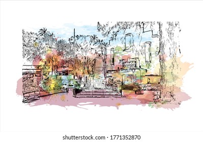 Building view with landmark of Petropolis also known as The Imperial City, is a municipality in the Southeast Region of Brazil. Watercolor splash  hand drawn sketch illustration in vector.