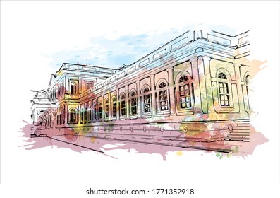 Building view with landmark of Petropolis also known as The Imperial City, is a municipality in the Southeast Region of Brazil. Watercolor splash  hand drawn sketch illustration in vector.