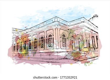 Building view with landmark of Petropolis also known as The Imperial City, is a municipality in the Southeast Region of Brazil. Watercolor splash  hand drawn sketch illustration in vector.