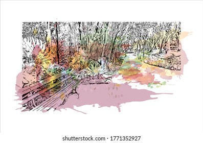 Building view with landmark of Petropolis also known as The Imperial City, is a municipality in the Southeast Region of Brazil. Watercolor splash  hand drawn sketch illustration in vector.