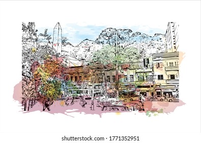 Building view with landmark of Petropolis also known as The Imperial City, is a municipality in the Southeast Region of Brazil. Watercolor splash  hand drawn sketch illustration in vector.