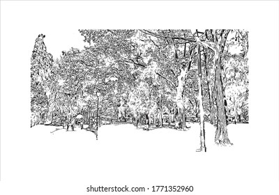 Building view with landmark of Petropolis also known as The Imperial City, is a municipality in the Southeast Region of Brazil.  Hand drawn sketch illustration in vector.