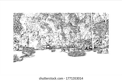 Building view with landmark of Petropolis also known as The Imperial City, is a municipality in the Southeast Region of Brazil.  Hand drawn sketch illustration in vector.