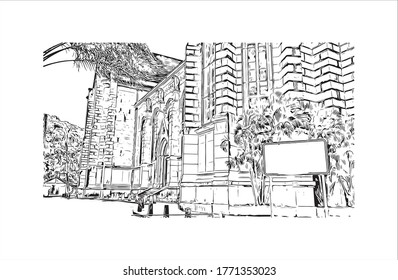 Building view with landmark of Petropolis also known as The Imperial City, is a municipality in the Southeast Region of Brazil.  Hand drawn sketch illustration in vector.