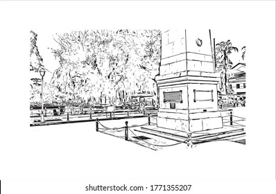 Building view with landmark of Petropolis also known as The Imperial City, is a municipality in the Southeast Region of Brazil.  Hand drawn sketch illustration in vector.