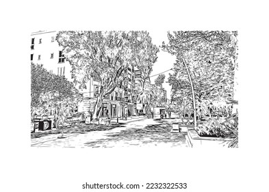 Building view with landmark of Petrovac is the 
town in Montenegro. Hand drawn sketch illustration in vector.