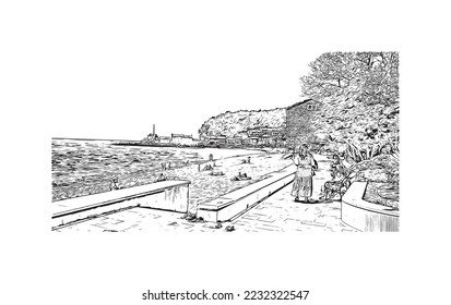 Building view with landmark of Petrovac is the 
town in Montenegro. Hand drawn sketch illustration in vector.