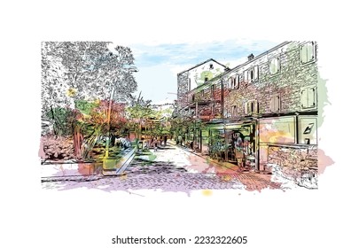 Building view with landmark of Petrovac is the 
town in Montenegro. Watercolor splash with hand drawn sketch illustration in vector.