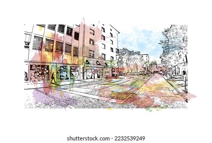 Building view with landmark of Pforzheim is a town in southwestern Germany. Watercolor splash with hand drawn sketch illustration in vector.