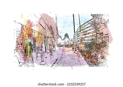 Building view with landmark of Pforzheim is a town in southwestern Germany. Watercolor splash with hand drawn sketch illustration in vector.