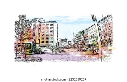 Building view with landmark of Pforzheim is a town in southwestern Germany. Watercolor splash with hand drawn sketch illustration in vector.