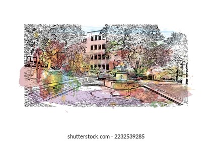 Building view with landmark of Pforzheim is a town in southwestern Germany. Watercolor splash with hand drawn sketch illustration in vector.