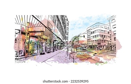 Building view with landmark of Pforzheim is a town in southwestern Germany. Watercolor splash with hand drawn sketch illustration in vector.