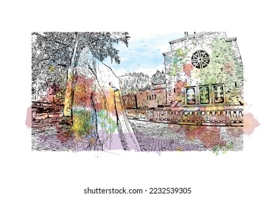 Building view with landmark of Pforzheim is a town in southwestern Germany. Watercolor splash with hand drawn sketch illustration in vector.